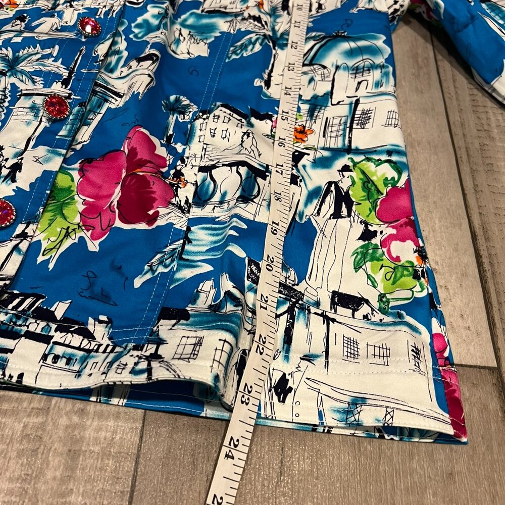 Susan Graver Women Blue Pink Tropical City Scape Collar Blouse Jacket 8 BE - Picture 7 of 9